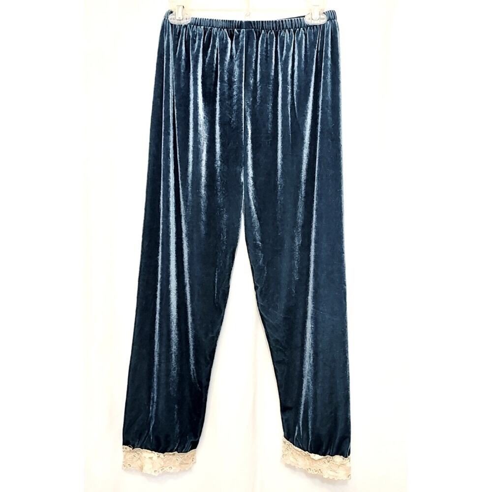 Turquoise Teal Blue Velour Velvet Straight Lace Trim Elastic Pajama Pants 2XL